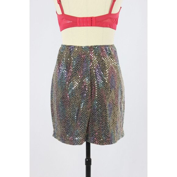 FREDERICK'S OF HOLLYWOOD Black Rainbow Stretch Sequin Mini Slip Skirt, Size M - Picture 4 of 13